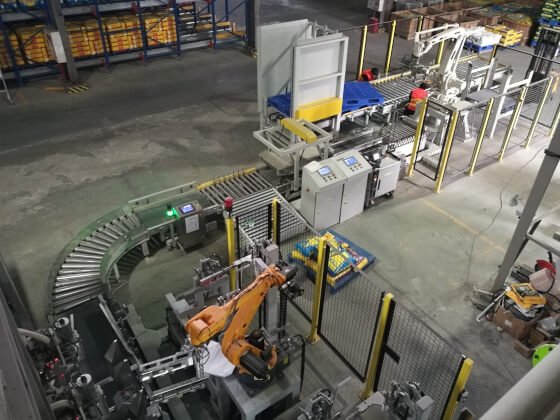 Full valve bag packaging line with conveyors and robot palletizer - small
